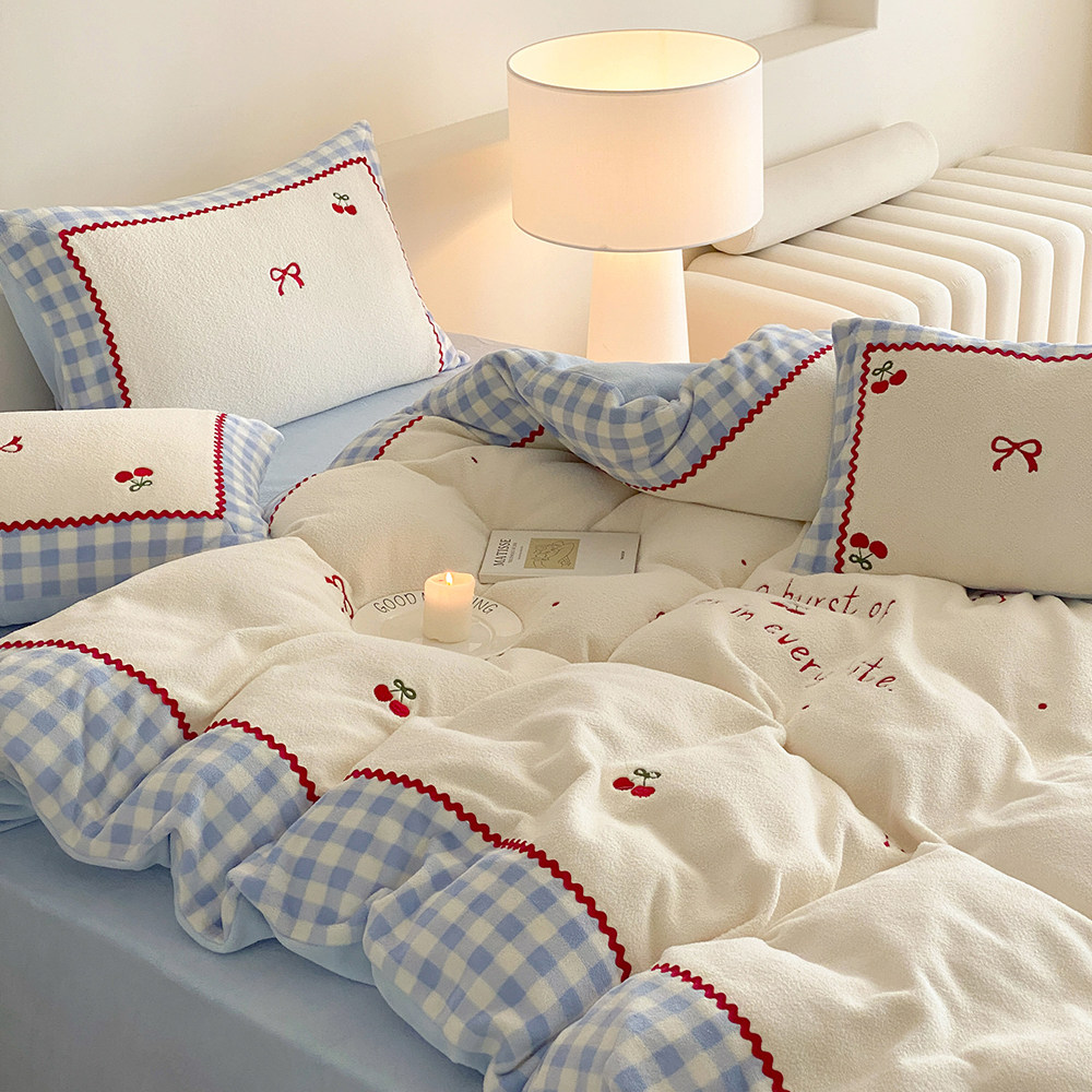樱桃布蕾冬季小清新加厚牛奶绒刺绣四件套珊瑚绒被套床单床上用品,床上用品,床品套件/四件套/多件套,淘宝优惠券,粉丝福利购,淘宝优惠卷