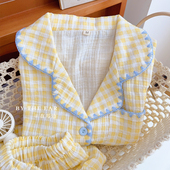 奶油小格子 甜美纯棉双层纱睡衣女款 皱纱夏季 短袖 家居服套装