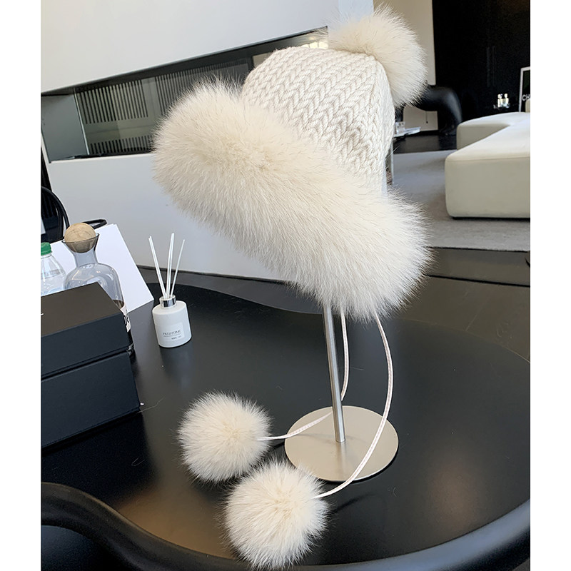 冬季新款狐狸毛皮草雷锋帽针织加绒毛线帽子甜美可爱护耳保暖女帽