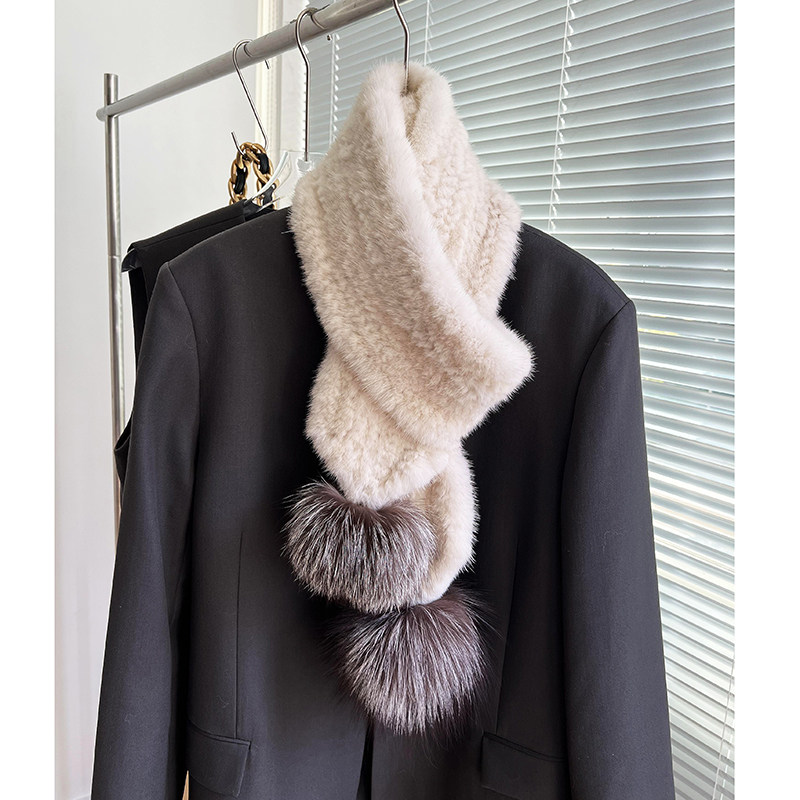 秋冬新品欧美风水貂毛围巾密编织加厚银狐毛球皮草围脖女士超长