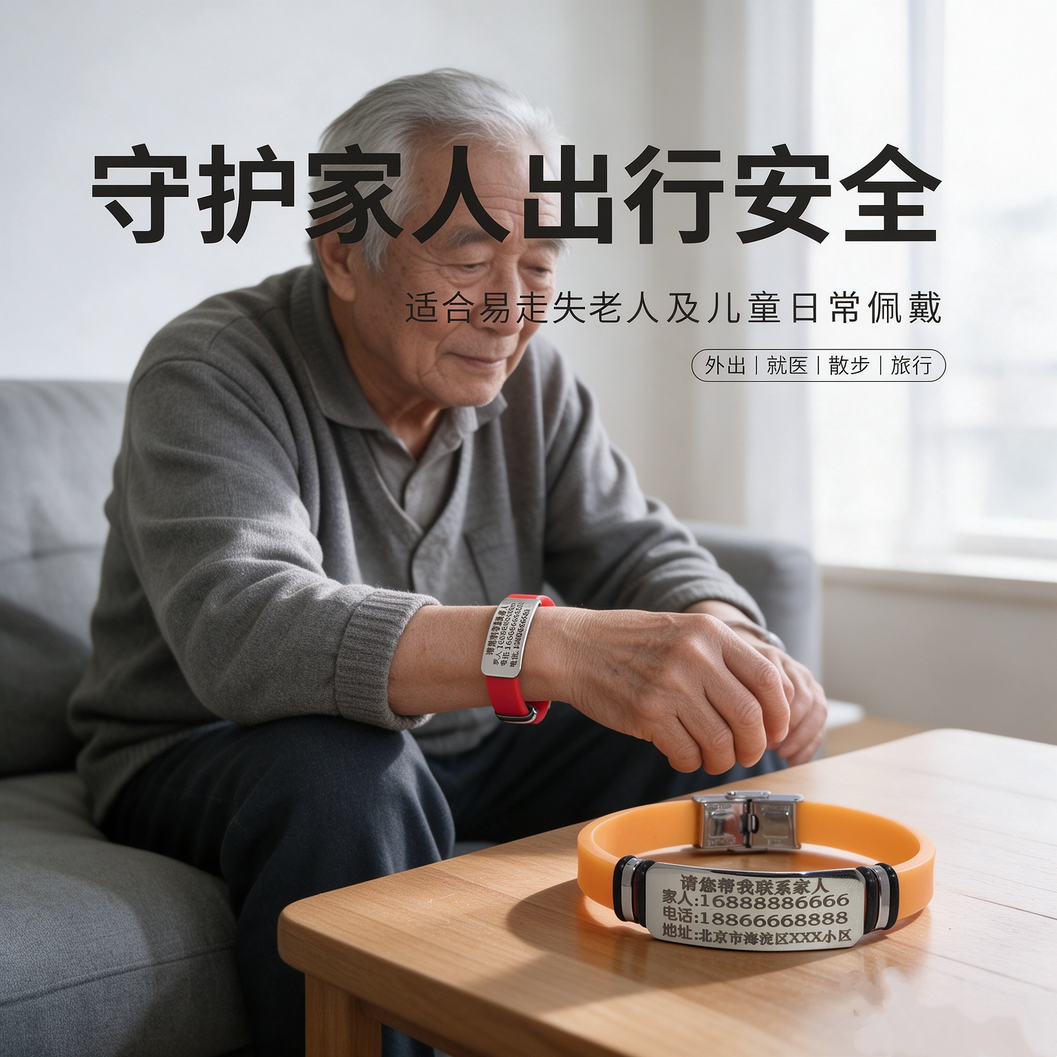 老人防丢神器防走失手信息卡手环定制刻字防走失儿童守护安全防锈