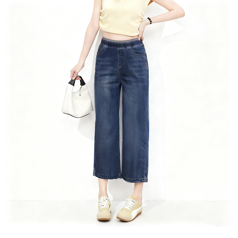 2025夏季新款妈妈裤高腰弹力显瘦牛仔裤女窄版阔腿直筒宽松八分裤