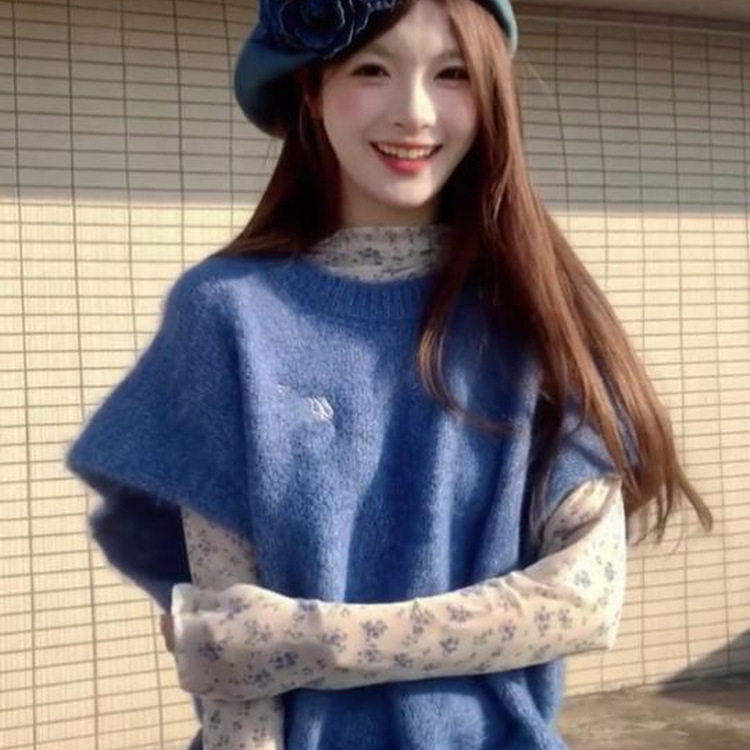 蓝色碎花网纱内搭打底长袖T恤薄款修身显瘦韩系气质女士春季上衣