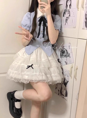 韩系甜美减龄小清新撞色POLO领衬衣高腰设计感蓬蓬裙套装裙夏季女