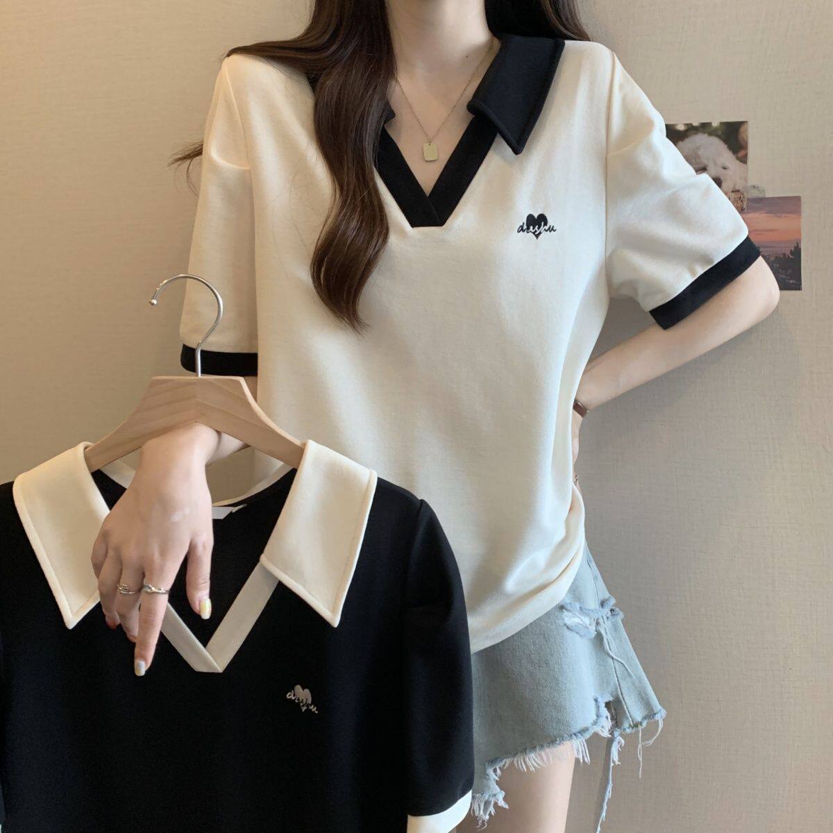 大码女装遮肚子显瘦Polo领撞色短袖t恤夏季胖mm减龄休闲正肩上衣
