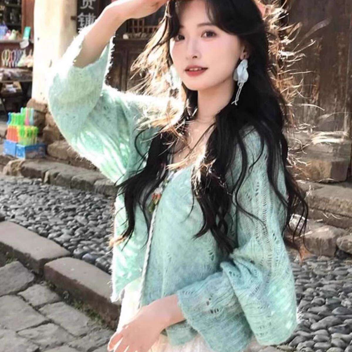 慵懒风高级感绿色马海毛