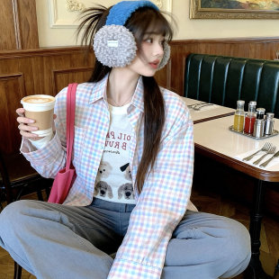 衬衣复古休闲 女上衣设计感2025秋季 iuui·le 清新粉蓝格子衬衫