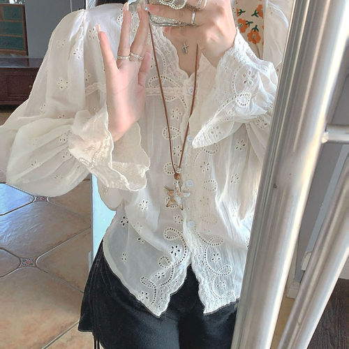 iuui·le 米色镂空衬衫女长袖娃娃衫上衣2025新秋季休闲复古衬衣