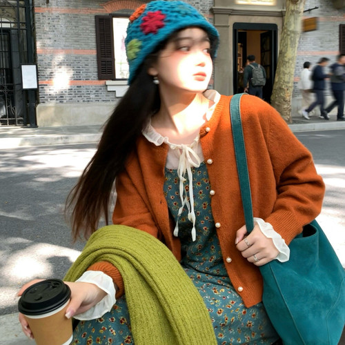 iuui·le 2025新款自制复古橘开衫毛衣女外套休闲百搭叠穿复古