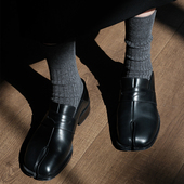 JOANLAND纯色宽坑条Tabi二趾袜女士全棉中筒堆堆分趾袜四季 基础款