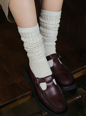 JOANLAND韩国进口重工纯棉粗线堆堆袜女士中高筒袜复古镂空手工感