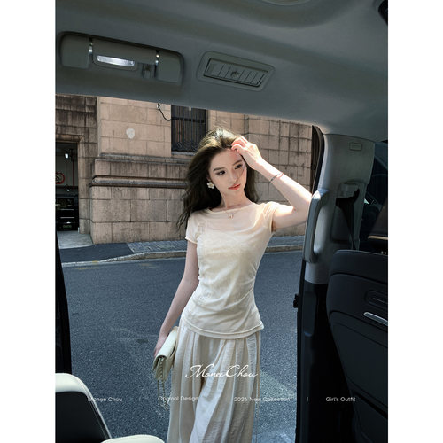 周诗诗【仲夏梦】蕾丝刺绣纯欲风微透网纱短袖上衣收腰T恤女夏