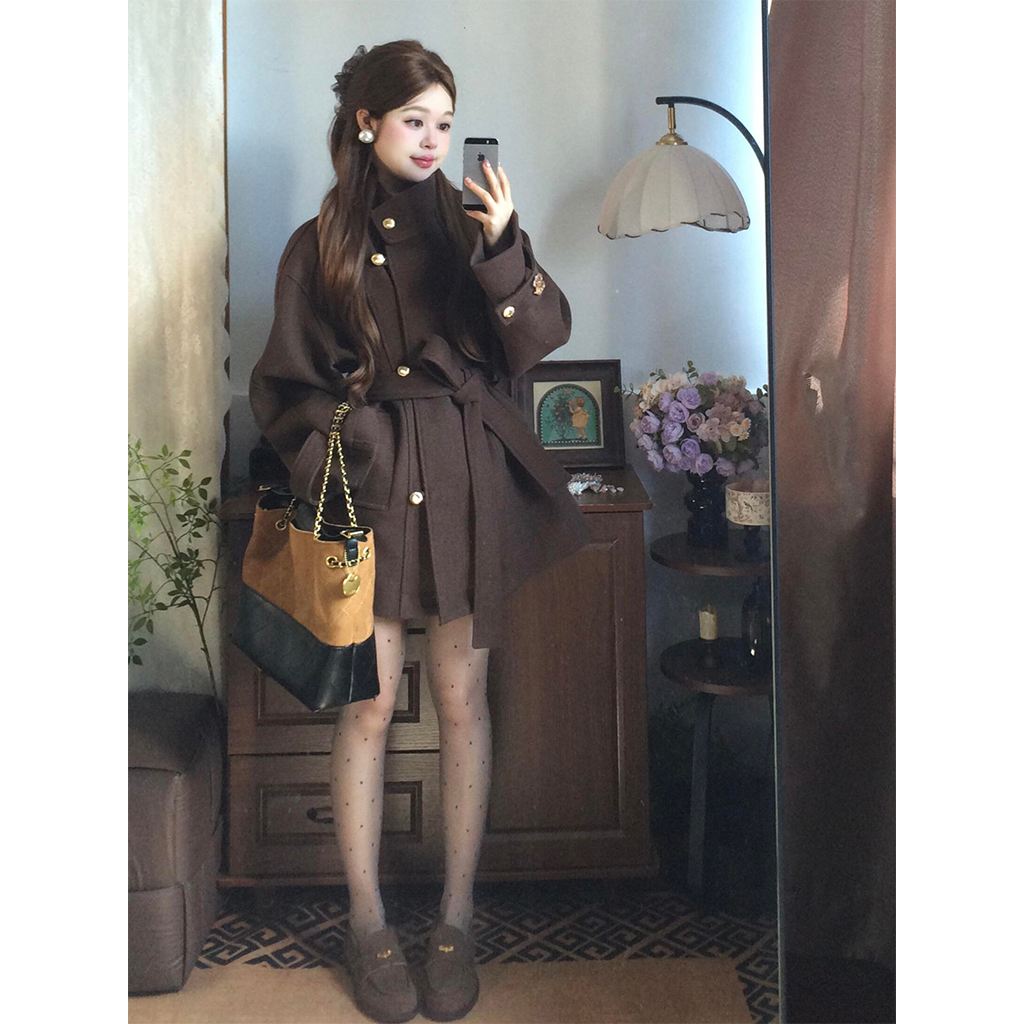 FBB WORKS 复古高级感立领毛呢外套秋冬系带收腰显瘦气质棕色大衣