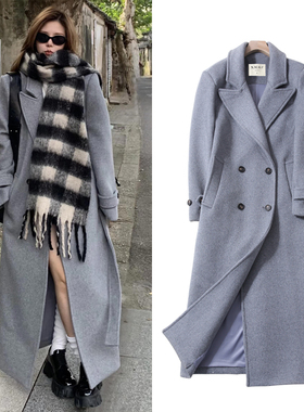 FBB WORKS 高个子羊毛灰色正肩毛呢外套女秋冬长款高级感呢子大衣