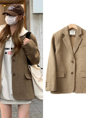 FBB WORKS 巴黎假日100%羊毛杂色单面呢西装女秋冬短款呢子外套