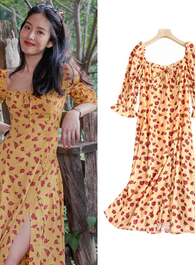 FBB WORKS 黄色碎花连衣裙夏季法式复古方领泡泡袖显瘦开叉裙