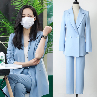 2023新款明星同款女神范蓝色西装显瘦洋气职业小西服两件套OL套装