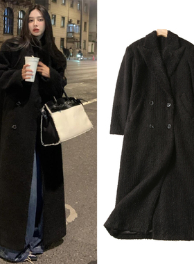 FBB WORKS 黑色西装呢子大衣女秋冬季韩系长款加厚高级感毛呢外套