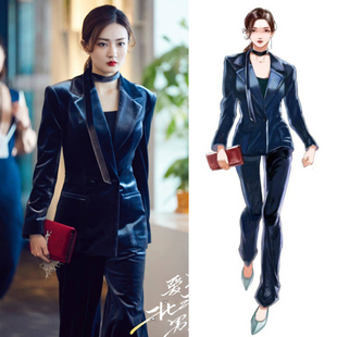 职业装 FBB 金丝绒外套长裤 爱上北斗星男友春秋丝绒西装 女 WORKS