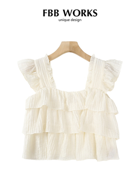 FBB WORKS 柔软天丝短款宽松纯色雪纺小衫女方领无袖显瘦薄上衣