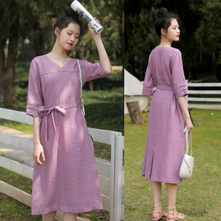 文艺长裙收腰显瘦气质春秋五分袖 夏季 紫色棉麻连衣裙 WORKS FBB