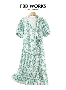 FBB WORKS 春夏绿色雪纺碎花连衣裙小香风桔梗裙