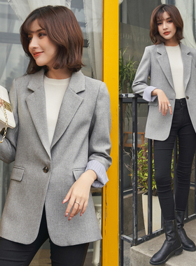 FBB WORKS 小西装外套女黑色九分袖春秋季休闲显瘦西服上衣薄款