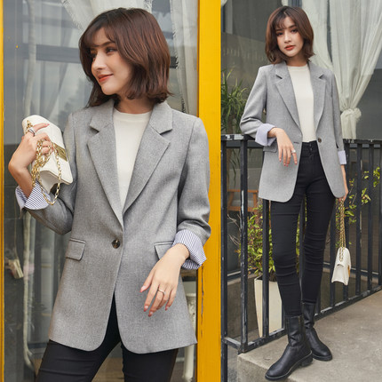 FBB WORKS 小西装外套女黑色九分袖春秋季休闲显瘦西服上衣薄款