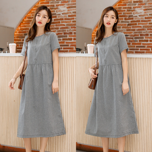 宽松中长款 黑白小格子棉麻料连衣裙女短袖 过膝亚麻裙子 WORKS FBB