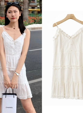 FBB WORKS Balletcore美学 设计感吊带连衣裙木耳边白色减龄长裙