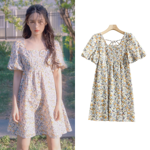 FBB WORKS 明星同款甜美连衣裙女夏装方领碎花娃娃裙法式桔梗裙