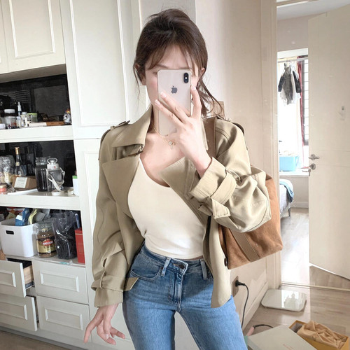 FBB WORKS 秋款日落韩国卡其色显瘦气质短款外套短风衣