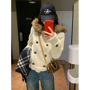 毛呢羊毛大衣连帽外套女收腰秋冬加厚 毛领双排扣短款 FBB WORKS
