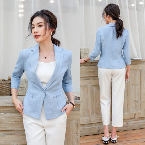FBB WORKS 棉麻小西装外套女修身韩版一粒扣七分袖薄款短款西服