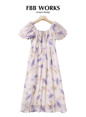 FBB WORKS [晚香玉]法式方领气质连衣裙新款设计感V领高腰吊带裙