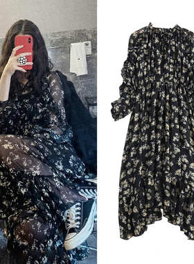 FBB WORKS 雪纺连衣裙女春夏明星同款V领碎花收腰显瘦气质长裙