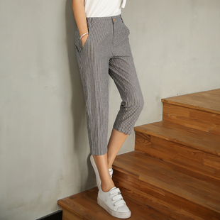 女夏季 棉麻七分裤 WORKS 子显瘦 女休闲裤 宽松亚麻裤 条纹哈伦裤 FBB