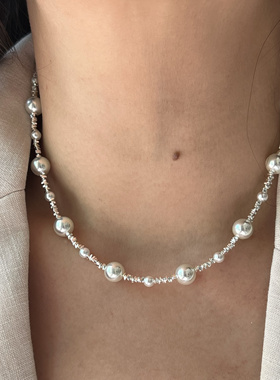 碎银子极光正圆珍珠项链 镀银可调节轻奢锁骨链女满天星精致时尚