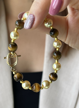 秋冬美拉德色系天然虎眼石南洋金珠手链女 手串叠戴小众个性时尚