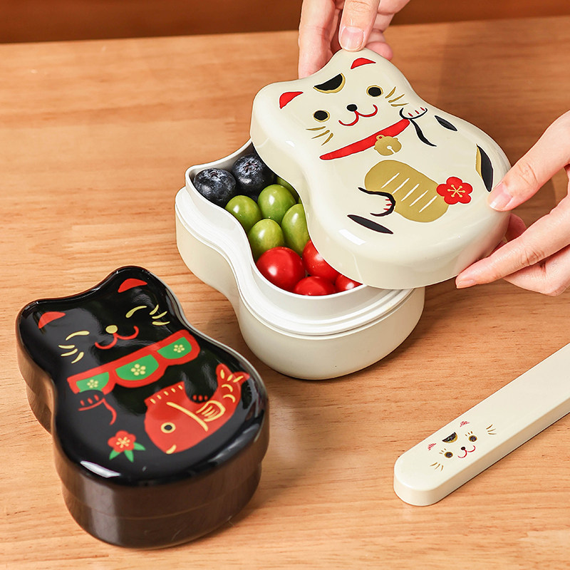 日本进口HAKOYA树脂便当盒漆器饭盒猫咪便携分格水果减脂餐盒