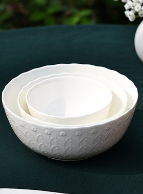 日本进口Narumi鸣海SilkyWhite浮雕骨瓷家用饭碗沙拉大碗汤碗套装
