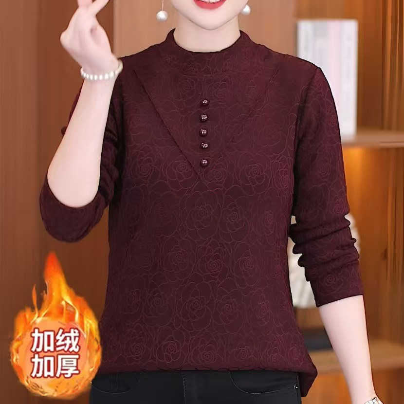 女士加绒加厚打底衫妈妈长袖女秋冬季内穿保暖上衣半高领洋气减龄