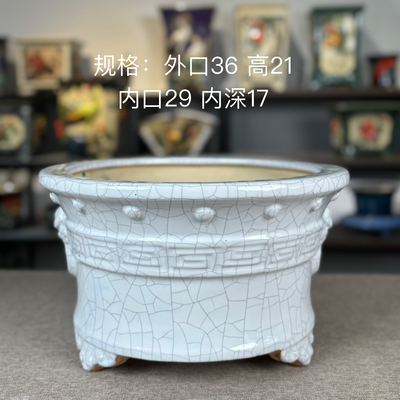 岭南盆景盆石湾花盆双面兽头大圆盆高温烧制大春花盆粗陶泥材质