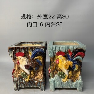 岭南石湾花盆四面手工贴花工艺异形高四方盆大公鸡图案高温烧制