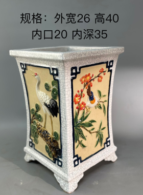 岭南石湾花盆纯手工制作四面贴花两面字冰裂四方兰花盆春花盆