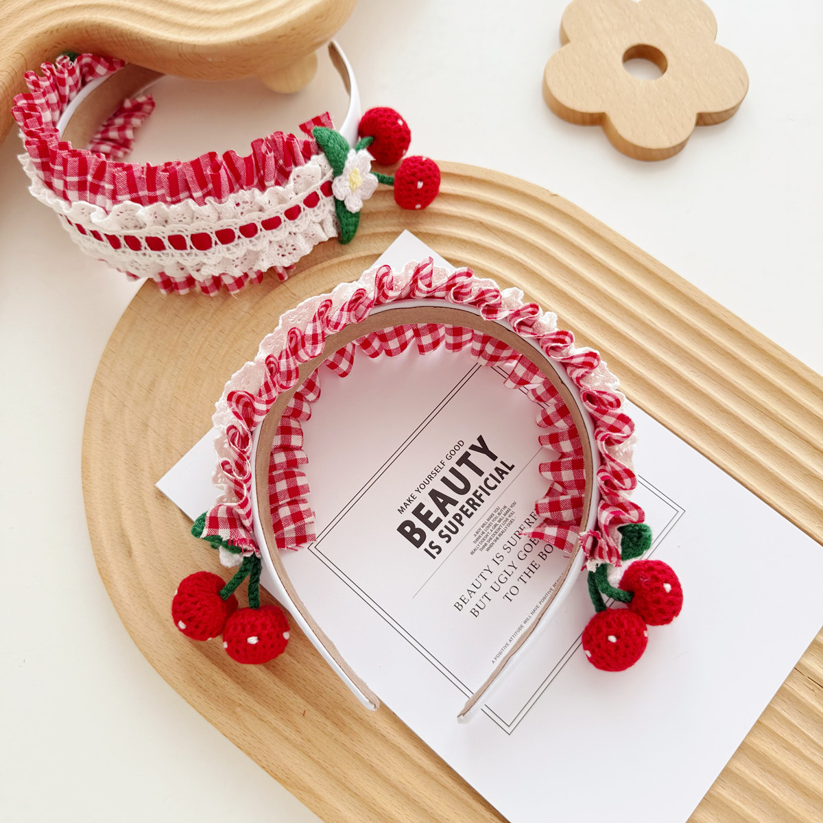 蕾丝红色格子樱桃发箍头箍发卡