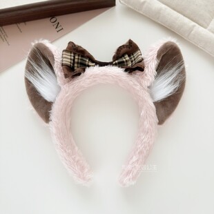 可爱粉色毛绒猫耳朵发箍格子蝴蝶结头箍甜美少女头饰猫咪小猫发饰