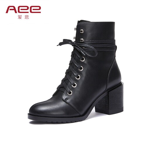 aee/爱意冬马丁靴女粗高跟粗拉链