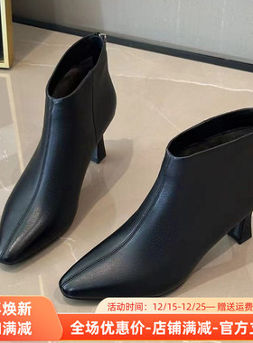 羊皮短靴粗跟秋冬气质4123605007Aee/爱意时装靴女高跟靴子后拉链
