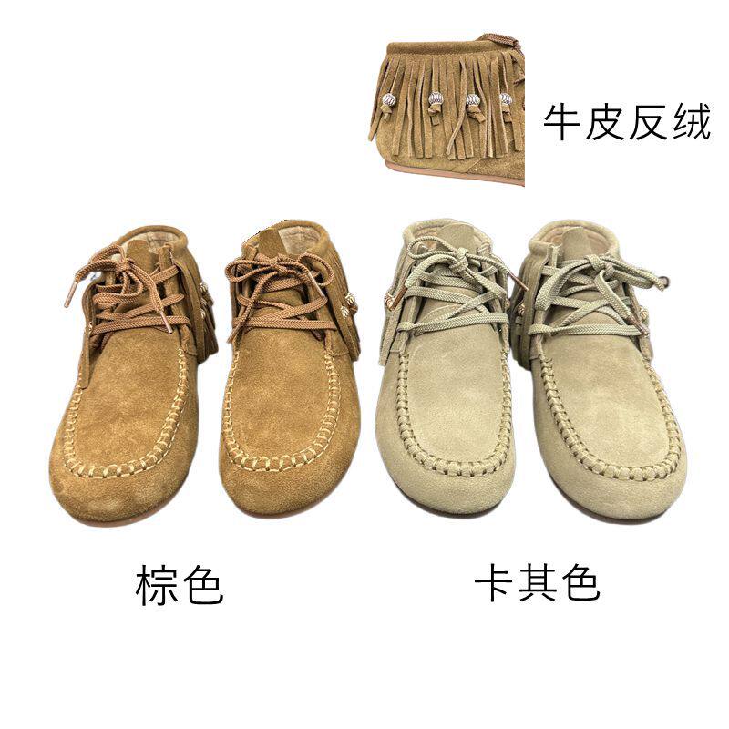 时尚流苏复古西部靴子女牛仔靴套筒短靴牛反皮系带圆头